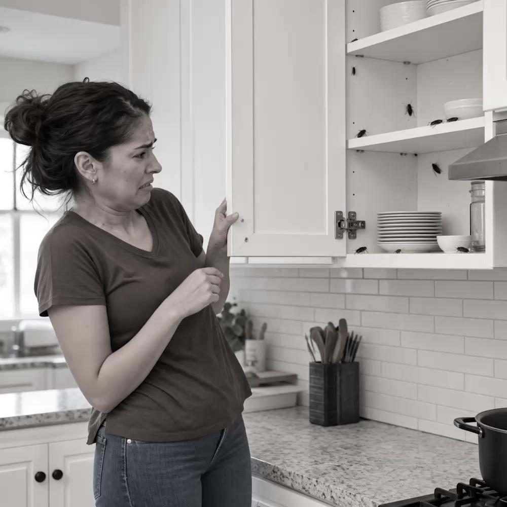 Woman in a kitchen noticing cockroaches on the cupboard and counter