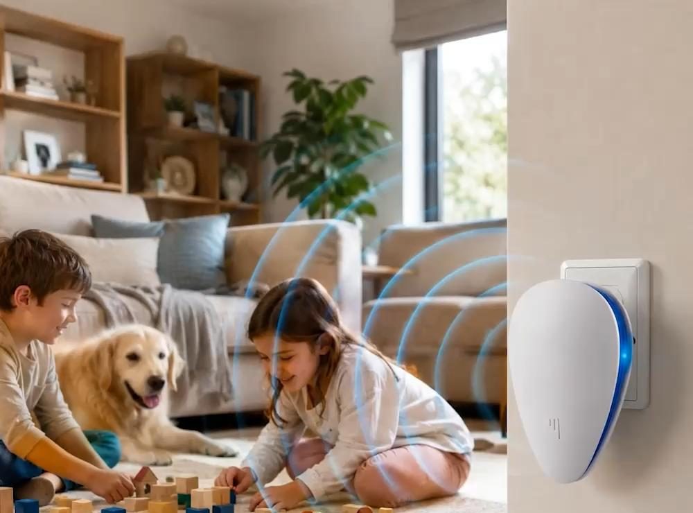 Children and a dog playing on the floor, Repellio in a wall socket