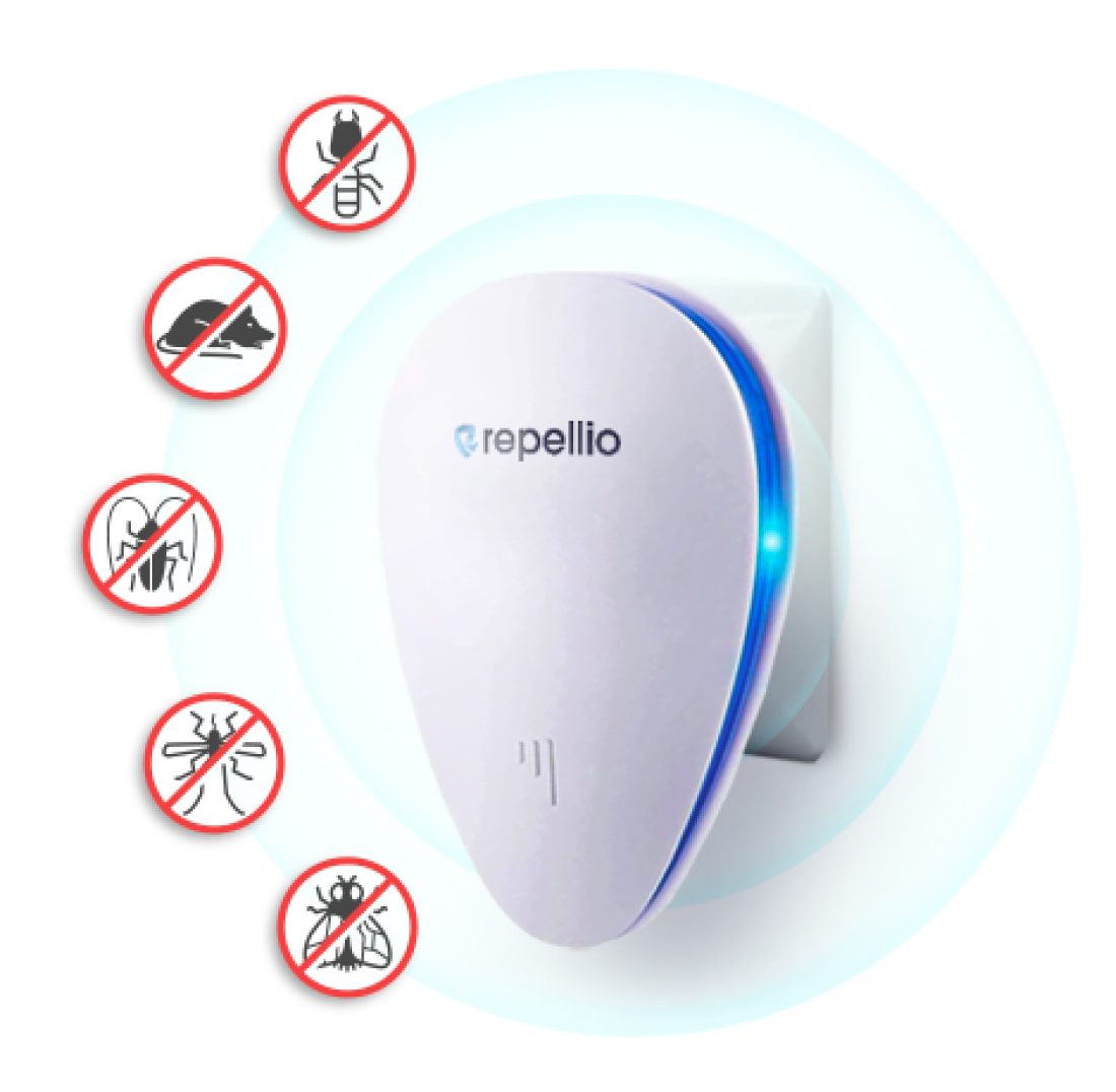 Repellio pest repeller with crossed-out mouse, cockroach, spider, mosquito and fly icons